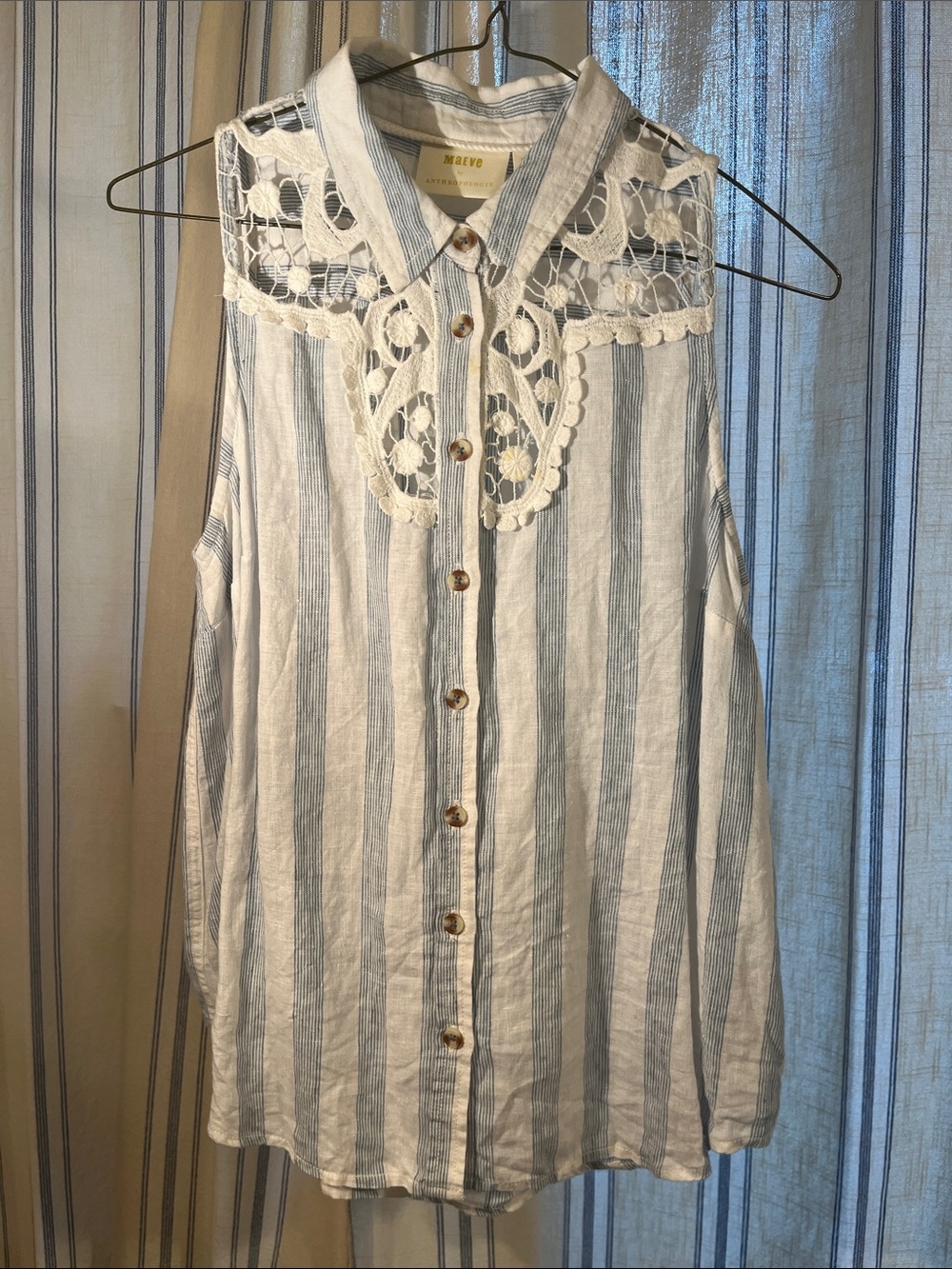 Anthropologie Maeve Blue and White Striped Sleeveless Button-Down with Lace Yoke